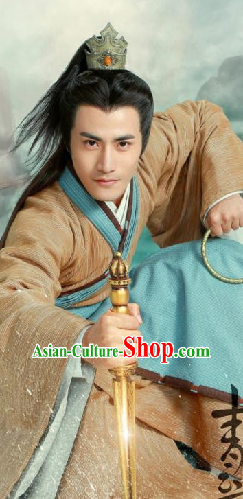 Ancient Chinese Swordsmen Clothing and Hair Jewelry Complete Set for Men