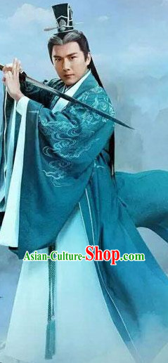 Ancient Chinese Swordsman Clothing and Hair Jewelry Complete Set for Men