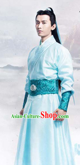 Ancient Chinese Swordsman Knight Costumes and Hair Jewelry Complete Set for Men