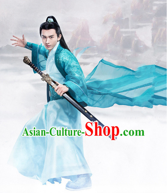 Ancient Chinese Swordsman Knight Costumes and Hair Jewelry Complete Set for Men