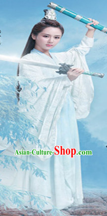 Ancient Chinese Fairy Knight Costumes and Hair Jewelry Complete Set for Women Girls