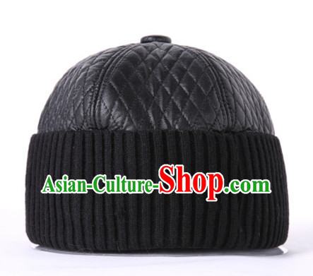 Top Traditional Chinese Black Leather Hat for Men