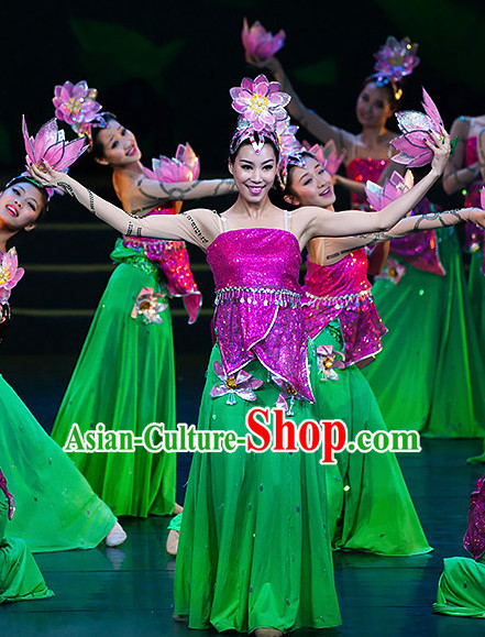 Chinese Classic Lotus Flower Dance Costumes and Headdress Complete Set for Women