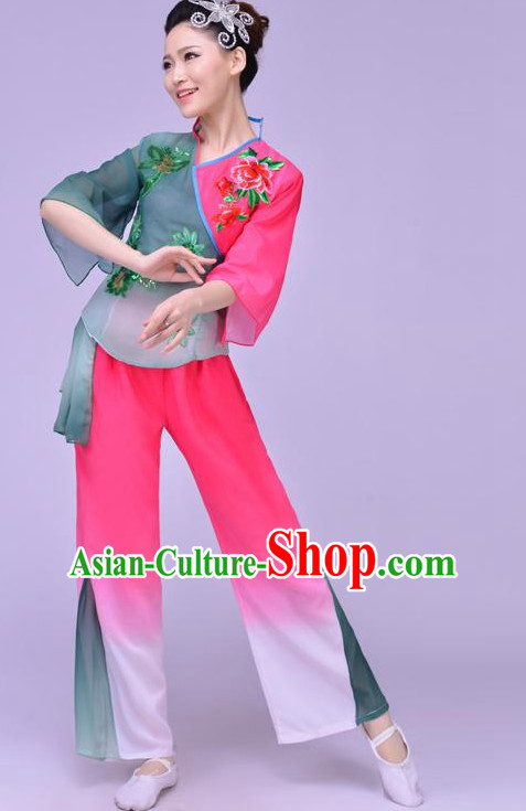 Chinese Folk Fan Dance Costume and Headdress Complete Set for Women