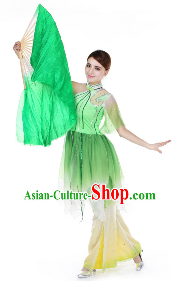 Chinese Traditional Fan Group Dancing Costumes and Headdress Complete Set for Women