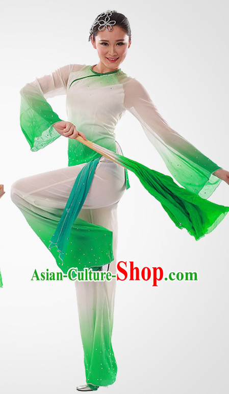 Chinese Traditional Fan Group Dancing Costumes and Headdress Complete Set for Women