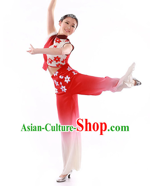 Chinese Traditional Fan Group Dancing Costumes and Headdress Complete Set for Women