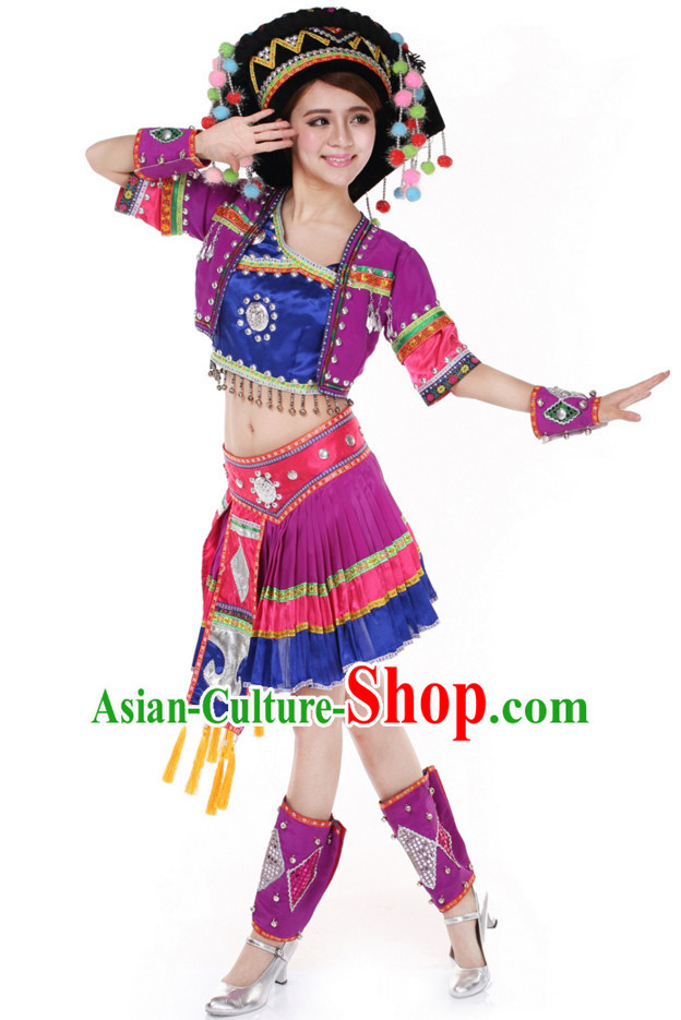 Chinese Traditional Ethnic Group Dancing Costumes and Headdress Complete Set for Women