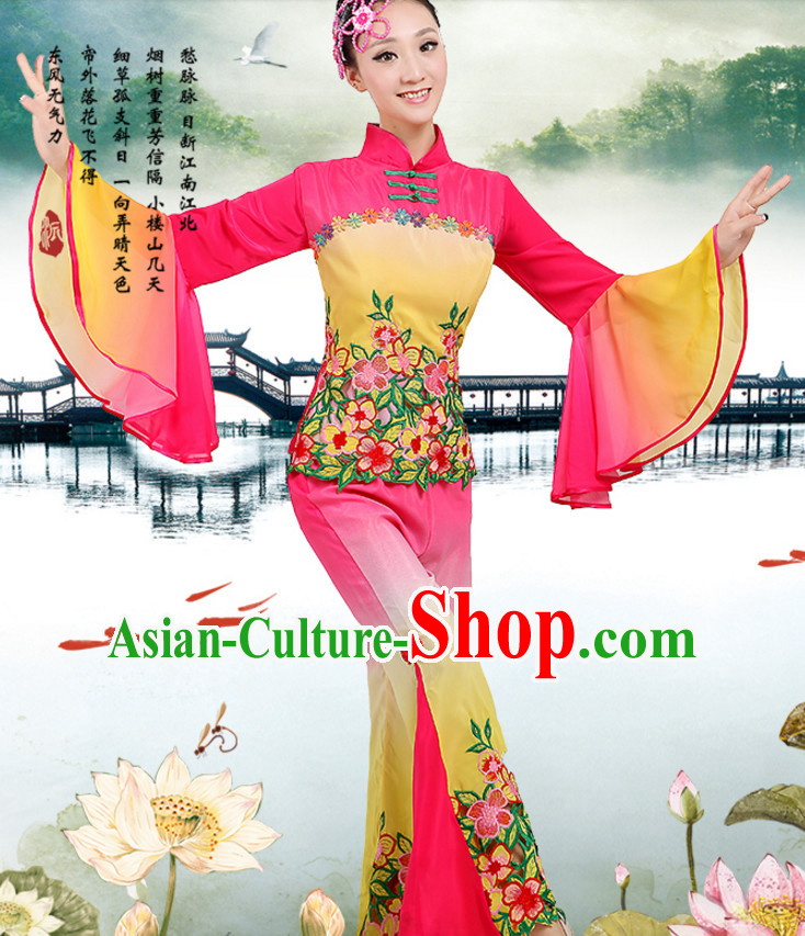 Chinese Traditional Fan Team Dancing Costumes Dancewear and Headpieces Complete Set for Women
