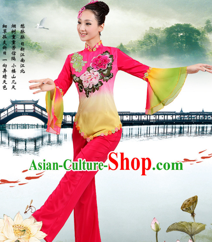 Chinese Traditional Team Fan Dancing Costumes Dancewear and Headpieces Complete Set for Women