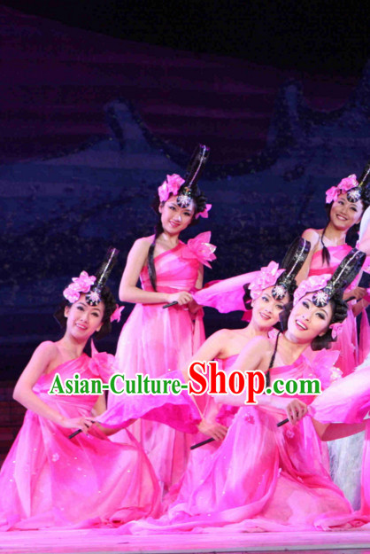 Chinese Peach Blossom Dance Costumes and Headpieces Complete Set for Women