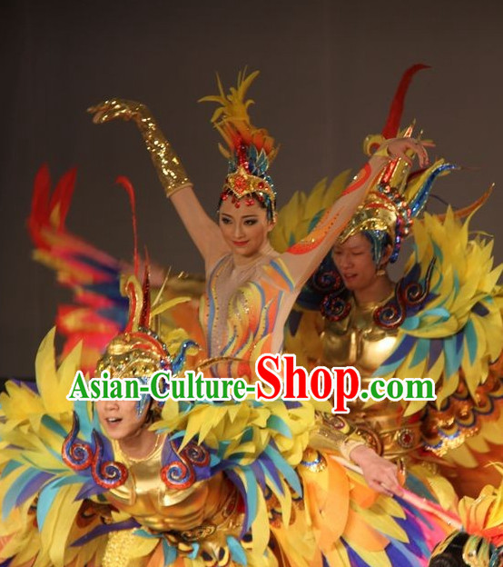 Chinese Famous Fantasy Stage Dance Sun Bird Tai Yang Niao Costumes and Hat Complete Set for Women