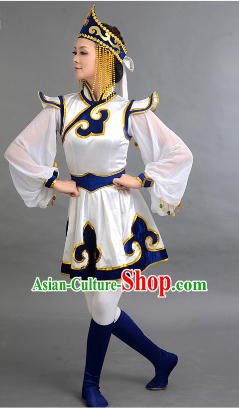 Traditional Chinese Ethnic Mongolian Dance Costumes Custom Dance Costume Folk Dancing Chinese Dress Cultural Dances and Headdress Complete Set