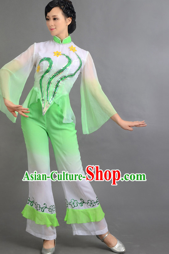 Traditional Chinese Fan Dance Costumes Custom Dance Costume Folk Dancing Chinese Dress Cultural Dances and Headdress Complete Set