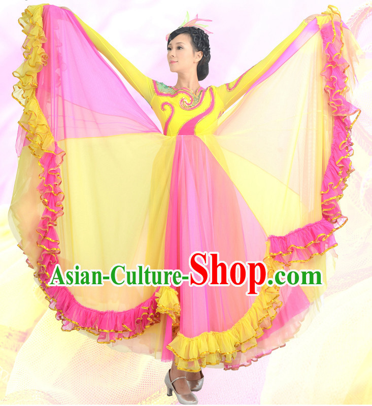Traditional Chinese Opening Dance Costumes Custom Dance Costume Folk Dancing Chinese Dress Cultural Dances and Headdress Complete Set