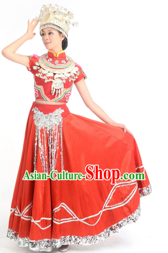 Traditional Chinese Ethnic Miao Dance Costumes Custom Dance Costume Folk Dancing Chinese Dress Cultural Dances and Headdress Complete Set
