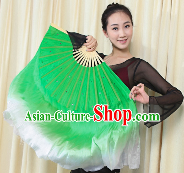 Professional Traditional Two Colors White to Green Color Transition Pure Silk Dance Fan