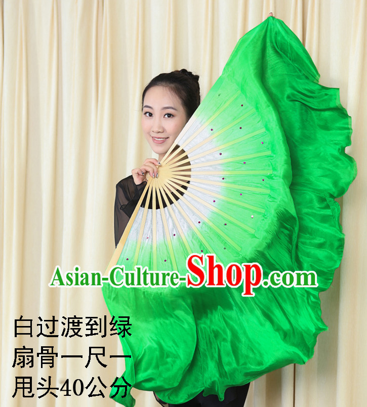 Professional Traditional Two Colors White to Green Color Transition Pure Silk Dance Fan