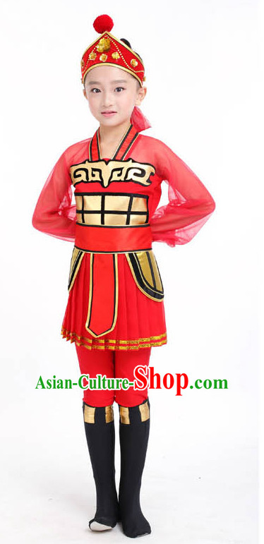 Chinese Competition Dance Costumes Kids Terra Cotta Warrior Solider General Dance Costumes Folk Dances Ethnic Dance Fan Dance Dancing Dancewear for Children