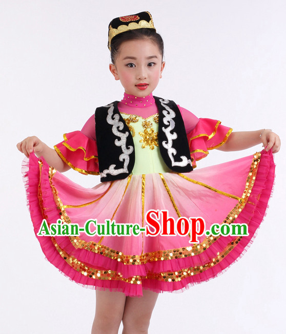 Chinese Competition Xinjiang Dance Costumes Kids Dance Costumes Folk Dances Ethnic Dance Fan Dance Dancing Dancewear for Children