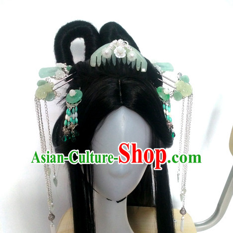 Traditional Chinese Princess Long Black Wigs and Hairpieces Headpieces Hair Jewelry Set