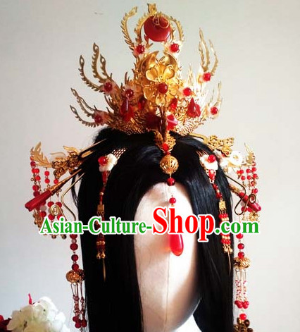 Traditional Chinese Princess Long Black Wigs and Hairpieces Headpieces Hair Jewelry Set