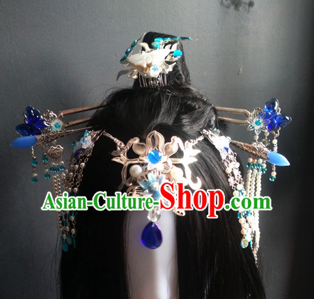 Traditional Chinese Princess Long Black Wigs and Hairpieces Headpieces Hair Jewelry Set