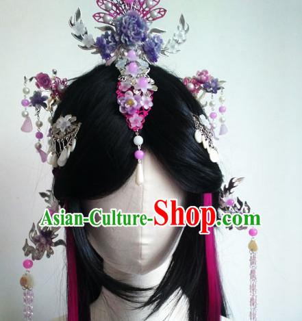 Traditional Chinese Princess Long Black Wigs and Hairpieces Headpieces Hair Jewelry Set