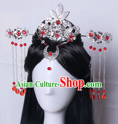 Traditional Chinese Princess Queen Empress Long Black Wigs and Hair Jewelry Hairpieces