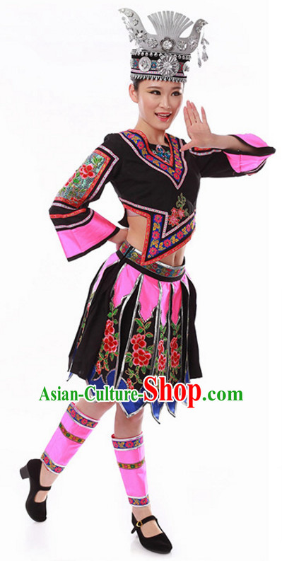 Ancient Chinese Folk Dance Costume and Hat for Ladies