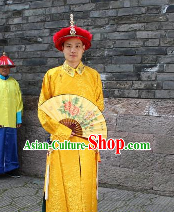 Asian Chinese Emperor Long Dresses Hanfu Costume Clothing Chinese Robe Chinese Kimono and Hat Complete Set for Men