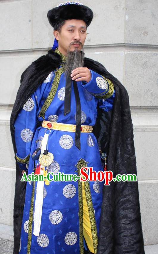 Asian Chinese Emperor Long Dresses Hanfu Costume Clothing Chinese Robe Chinese Kimono Mantle and Hat Complete Set for Men