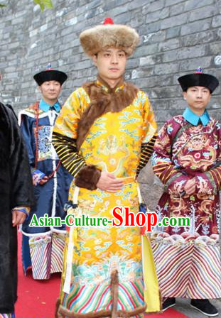 Asian Chinese Emperor Long Dresses Hanfu Costume Clothing Chinese Robe Chinese Kimono and Hat Complete Set for Men