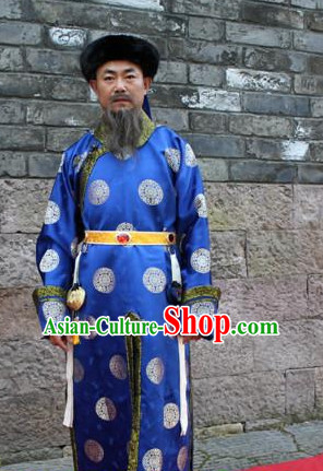 Asian Chinese Emperor Long Dresses Hanfu Costume Clothing Chinese Robe Chinese Kimono and Hat Complete Set for Men