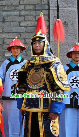 Asian Chinese Qing Dynasty General Long Dresses Hanfu Costume Clothing Chinese Robe Chinese Kimono and Crown Complete Set for Men