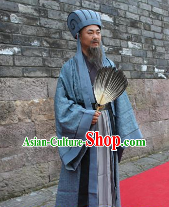 Asian Chinese Zhuge Liang Three Kingdoms Long Dresses Hanfu Costume Clothing Chinese Robe Chinese Kimono and Hat Complete Set for Men