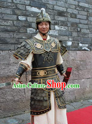 Asian Chinese General Long Dresses Hanfu Costume Clothing Chinese Robe Chinese Kimono and Helmet Complete Set for Men