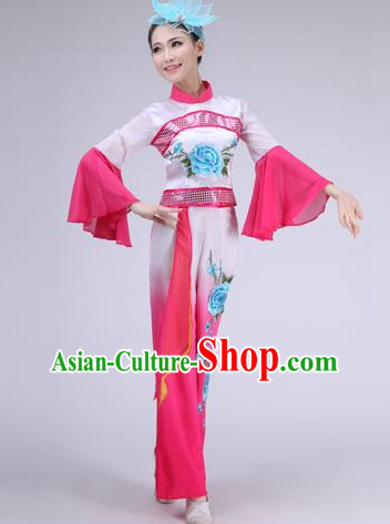 Asian Chinese Fan Dance Costume Clothing Oriental Dress and Hair Accessories Complete Set for Women Girls Adults Children