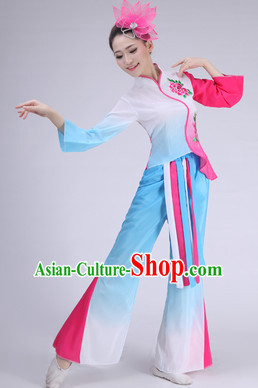 Asian Chinese Fan Dance Costume Clothing Oriental Dress and Hair Accessories Complete Set for Women Girls Adults Children