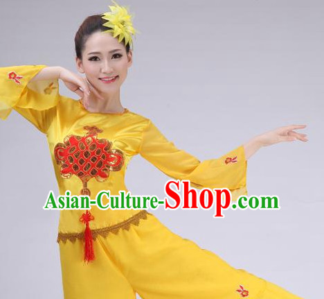 Asian Chinese Fan Dance Costume Clothing Oriental Dress and Hair Accessories Complete Set for Women Girls Adults Children