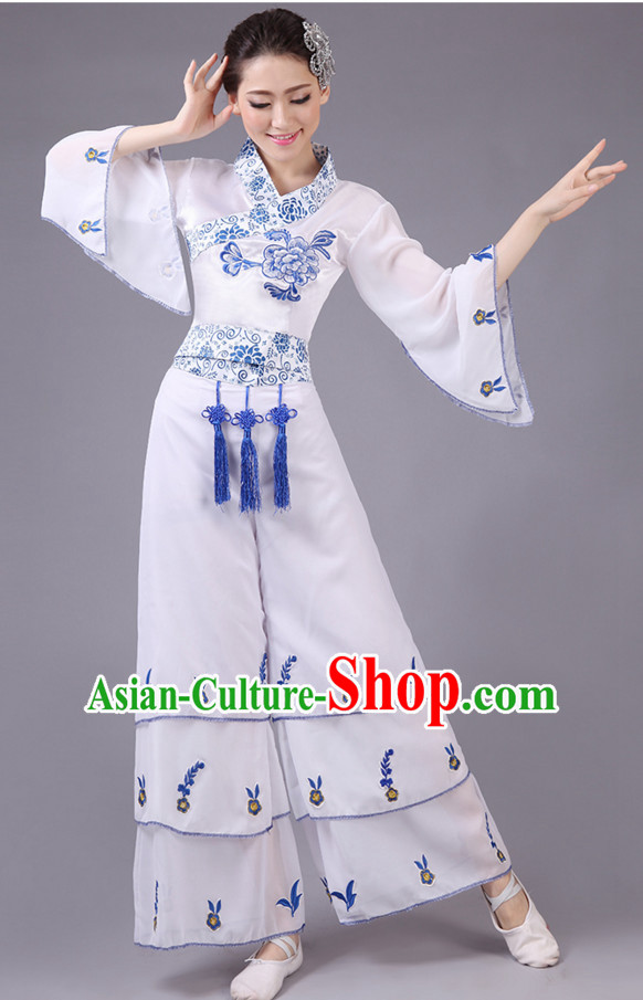 Asian Chinese Fan Dance Costume Clothing Oriental Dress and Hair Accessories Complete Set for Women Girls Adults Children