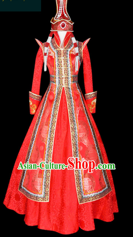 Mongolian People Yuan Dynasty Mongolians Dance Costumes Queen Princess Empress Clothing Clothes Garment Complete Set for Women Girls