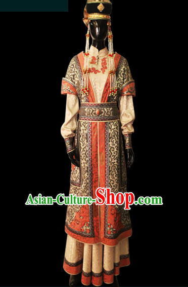 Chinese Mongolian People Yuan Dynasty Mongolians Dance Costumes Queen Princess Empress Clothing Clothes Garment Complete Set for Women Girls