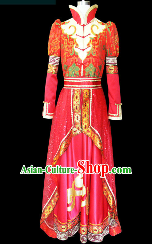 Chinese Mongolian People Yuan Dynasty Mongolians Dance Costumes Queen Princess Empress Clothing Clothes Garment Complete Set for Women Girls