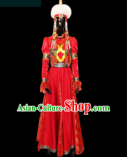 Chinese Mongolian People Yuan Dynasty Mongolians Dance Costumes Queen Princess Empress Clothing Clothes Garment Complete Set for Women Girls