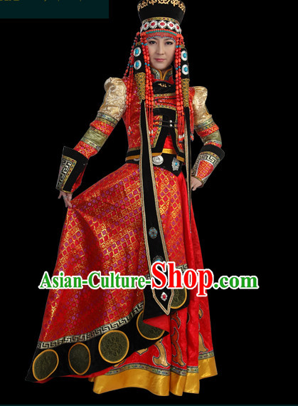 Chinese Mongolian People Yuan Dynasty Mongolians Dance Costumes Queen Princess Empress Clothing Clothes Garment Complete Set for Women Girls