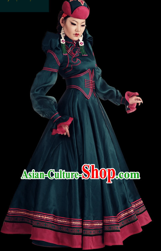 Chinese Mongolian People Yuan Dynasty Mongolians Dance Costumes Queen Princess Empress Clothing Clothes Garment Complete Set for Women Girls