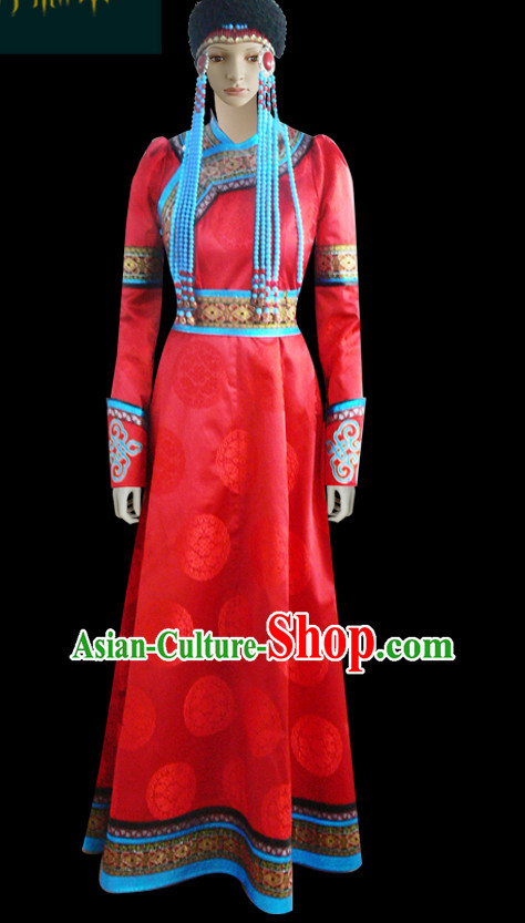 Chinese Mongolian People Yuan Dynasty Mongolians Dance Costumes Queen Princess Empress Clothing Dress Garment Complete Set for Women Girls