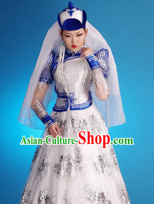 Chinese Mongolian People Yuan Dynasty Mongolians Dance Costumes Queen Princess Empress Clothing Dress Garment Complete Set for Women Girls