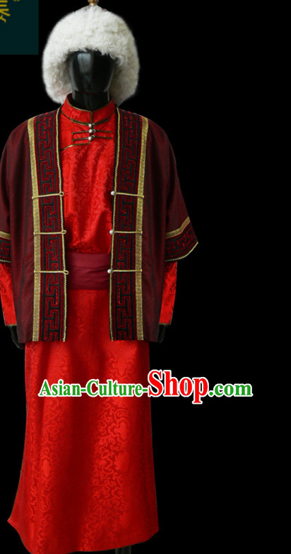 Chinese Mongolian People Genghis Khan Yuan Dynasty Mongolians Dance Costumes Emperor Prince Clothing Dress Garment Complete Set for Men Boys